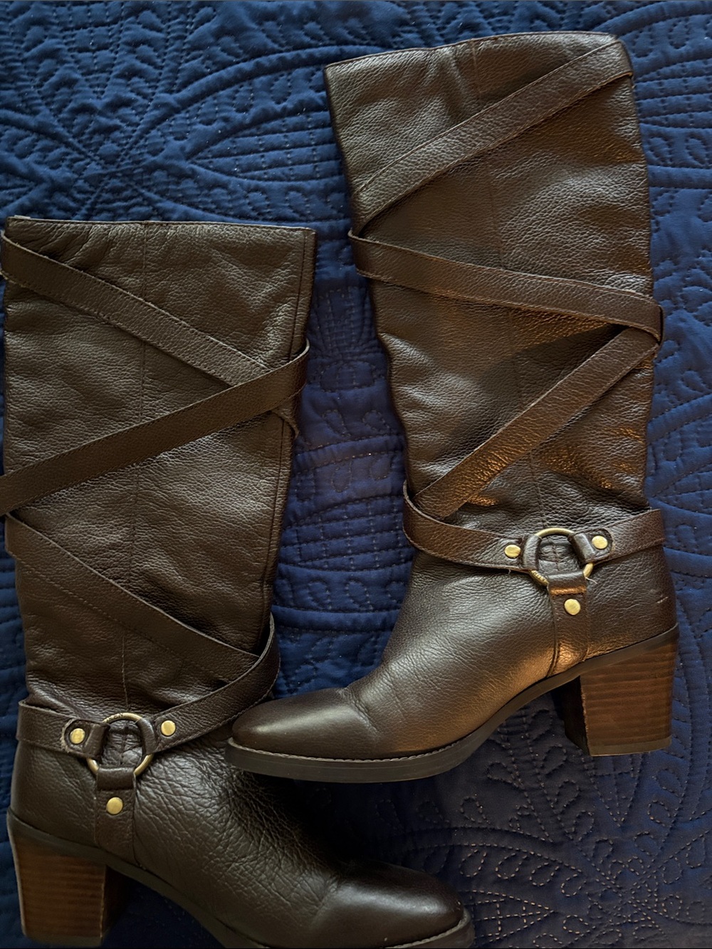 Ralph Lauren Dark Brown Leather Mid-Calf Wrap-Strap Boots